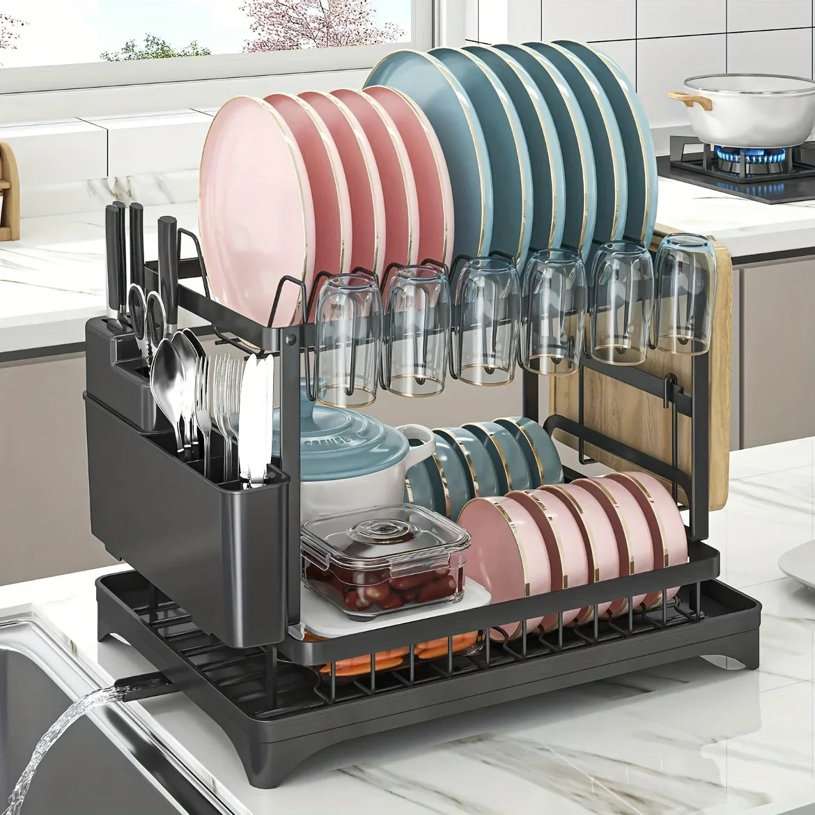 Kitchen Counter Dish Drainer with Drainboard - Space-Saving Storage Organizer
