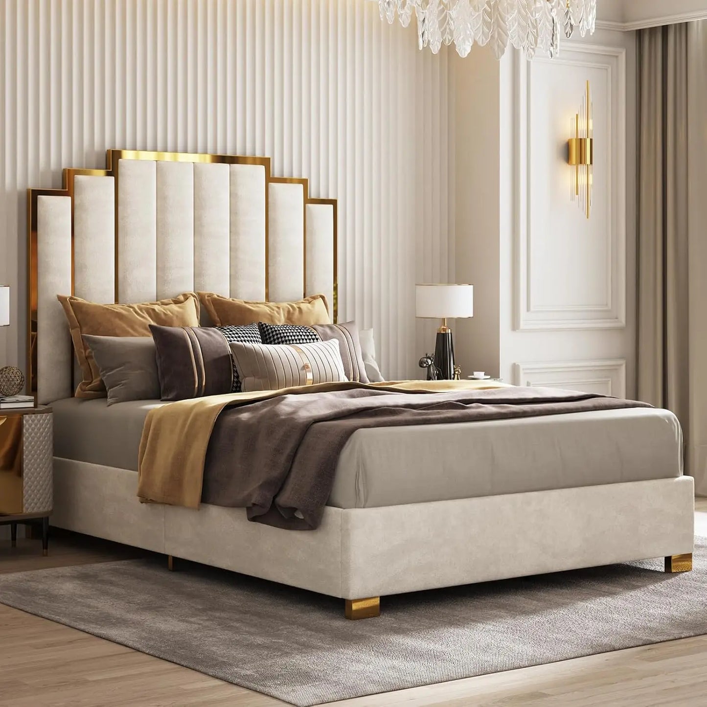 Upholstered Velvet Platform Bed with Gold Trim Headboard