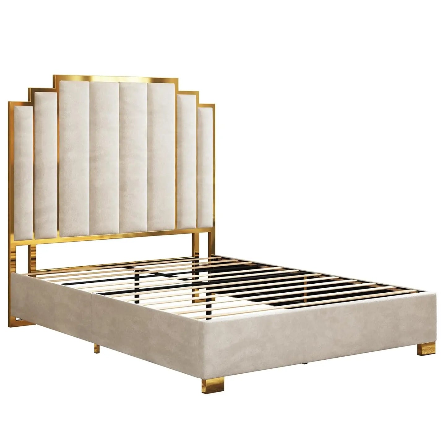 Upholstered Velvet Platform Bed with Gold Trim Headboard