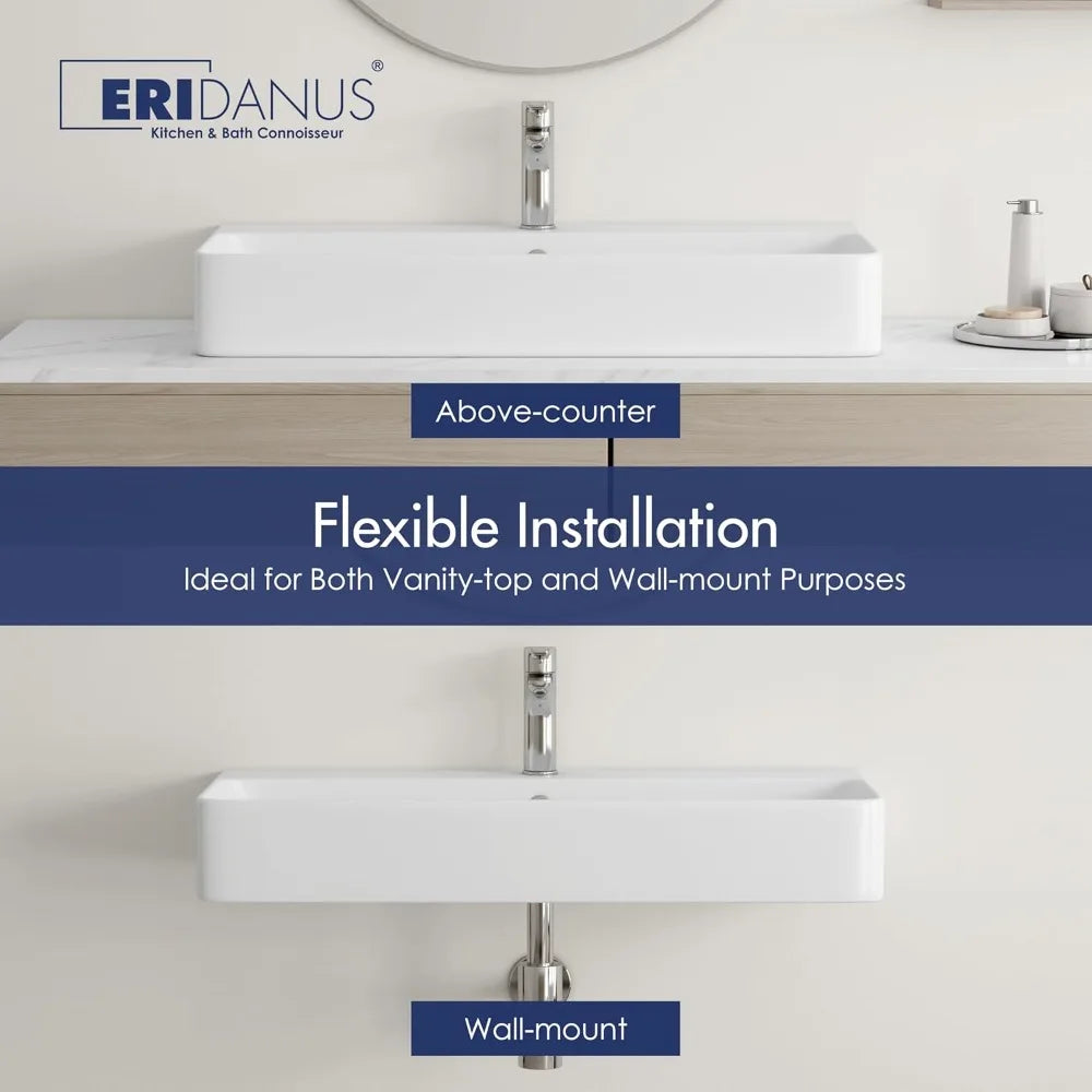 Bathroom Vessel Ceramic Rectangular Sink Above Counter Wall