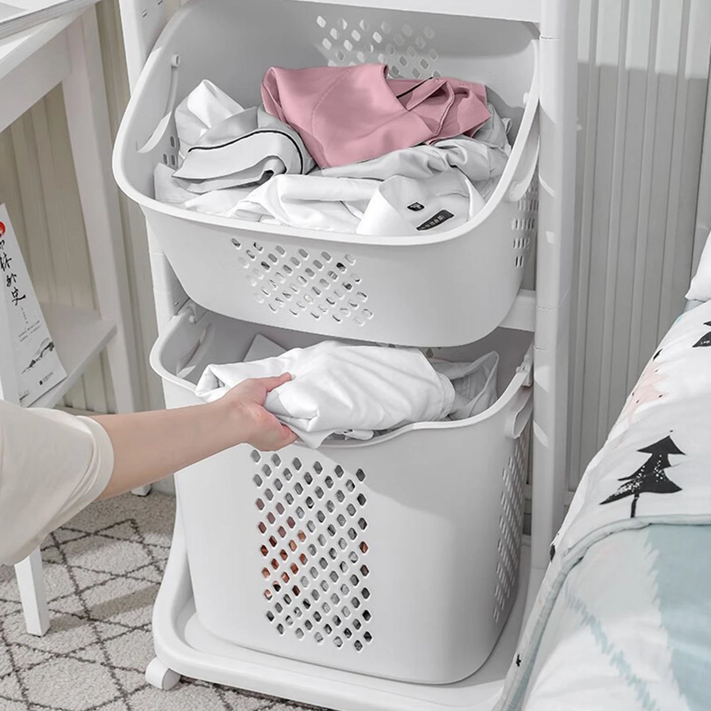 Multi-Layer Rolling Plastic Laundry Hamper with Wheels