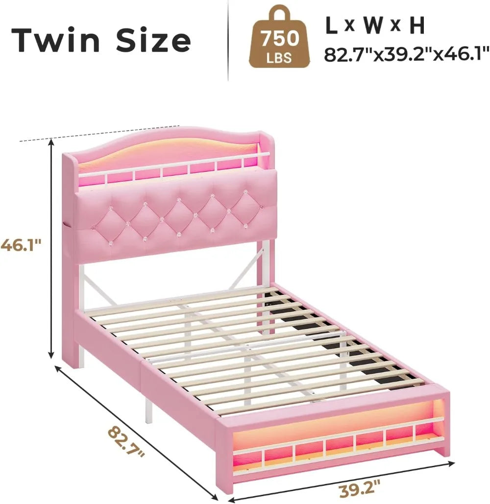 LED Princess Bed Frame with Charging Station and Velvet Upholstered Platform