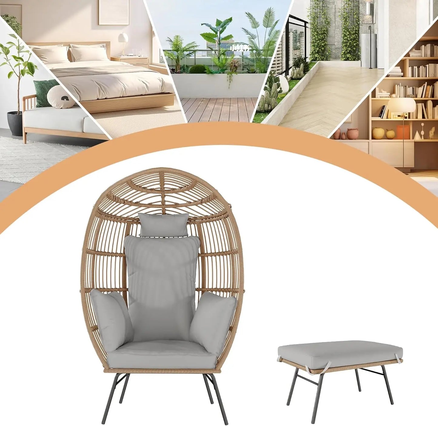 Waterproof UV Resistant Wicker Egg Chair with Ottoman with Cushions