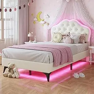 Twin Size Girl Bed with Storage Drawer & LED Lights