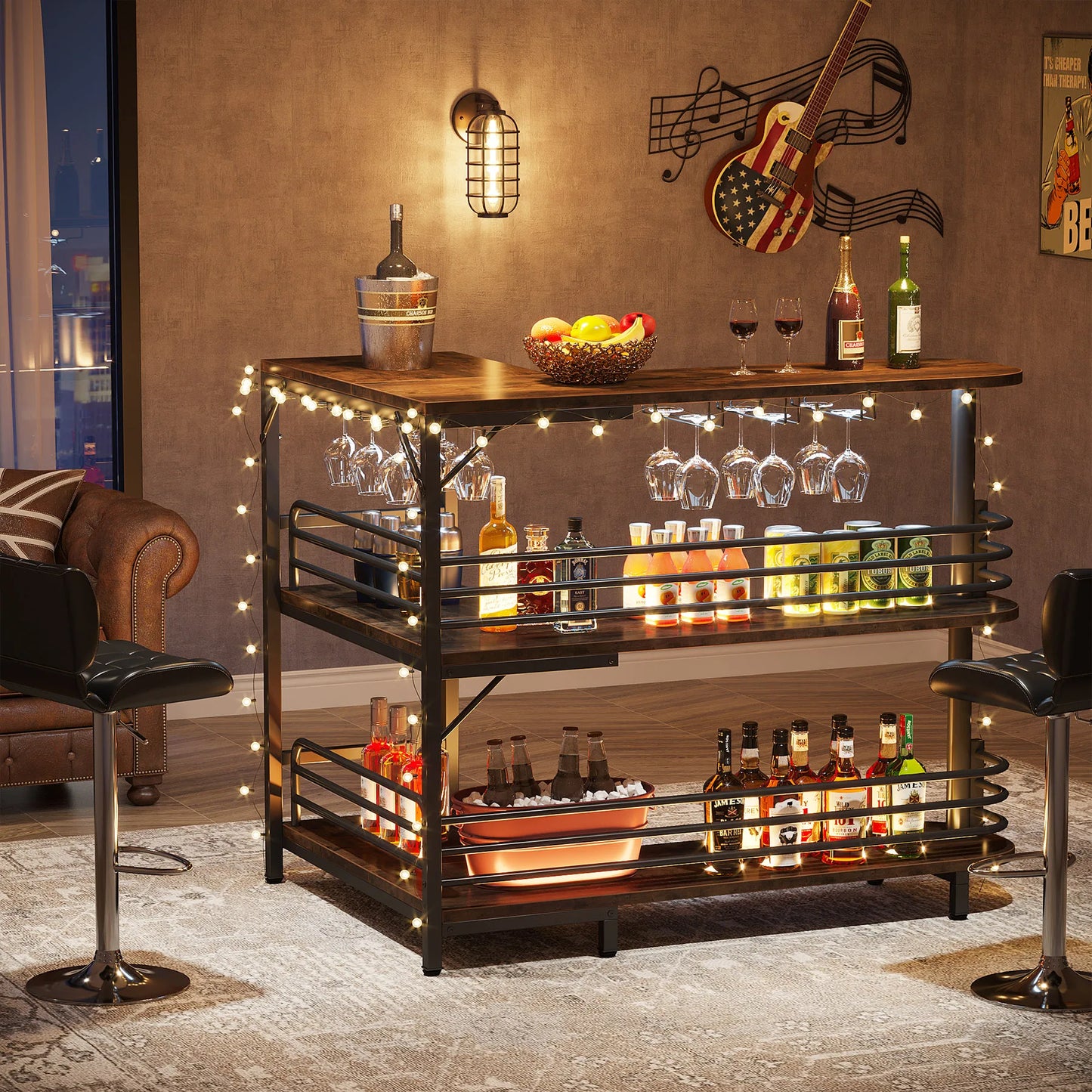 Dining Room 3 Tier Liquor Bar Table with Storage Shelves and Wine Glasses Holder
