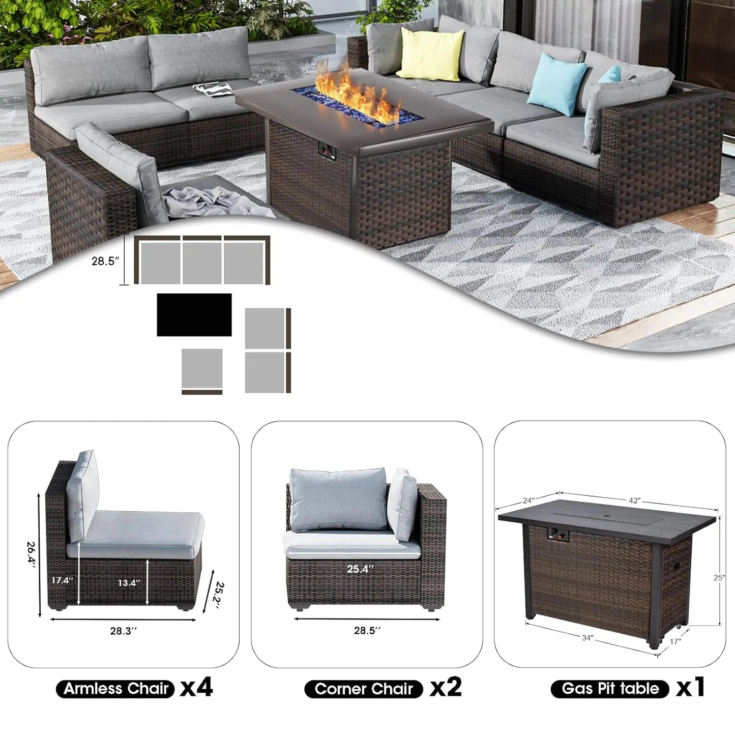Sectional Patio Furniture Set with Fire Pit
