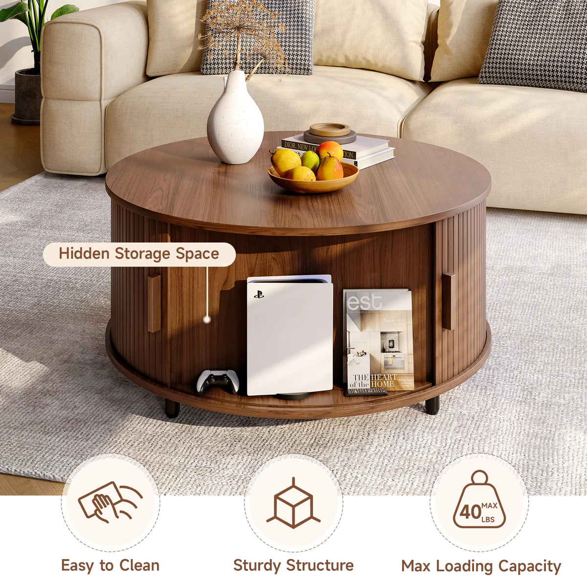 Modern Round Coffee Table with Storage
