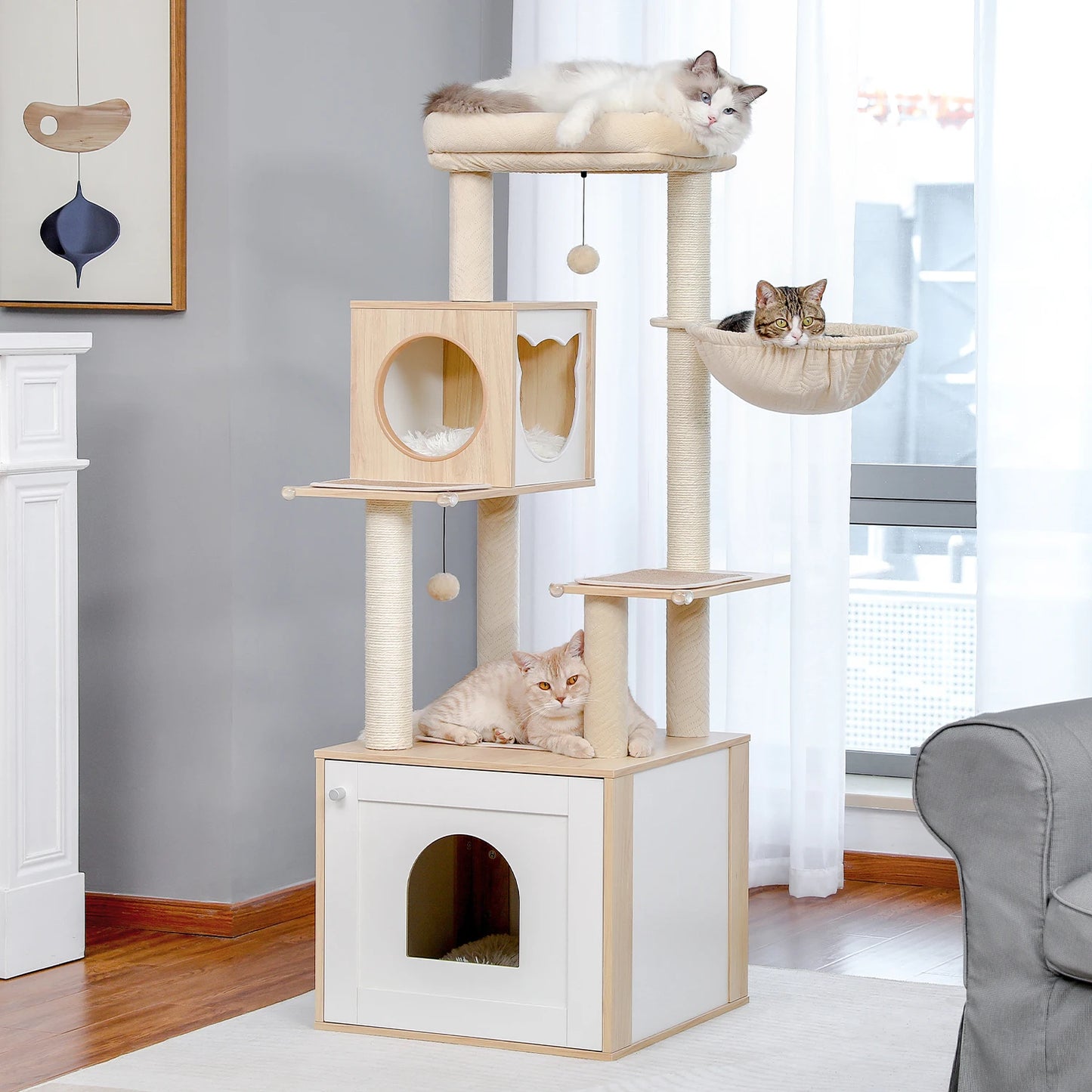 Cat Tree Tower Litter Box Wood Structure Storage with Hammock