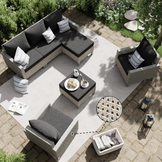 Outdoor Patio Furniture Set with Sectional Sofa, Ottomans and Thick Cushions