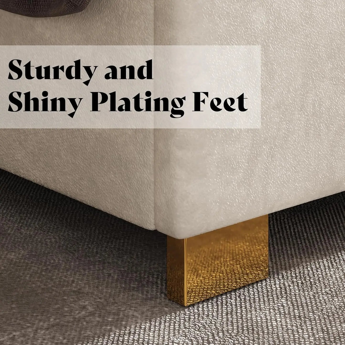 Upholstered Velvet Platform Bed with Gold Trim Headboard