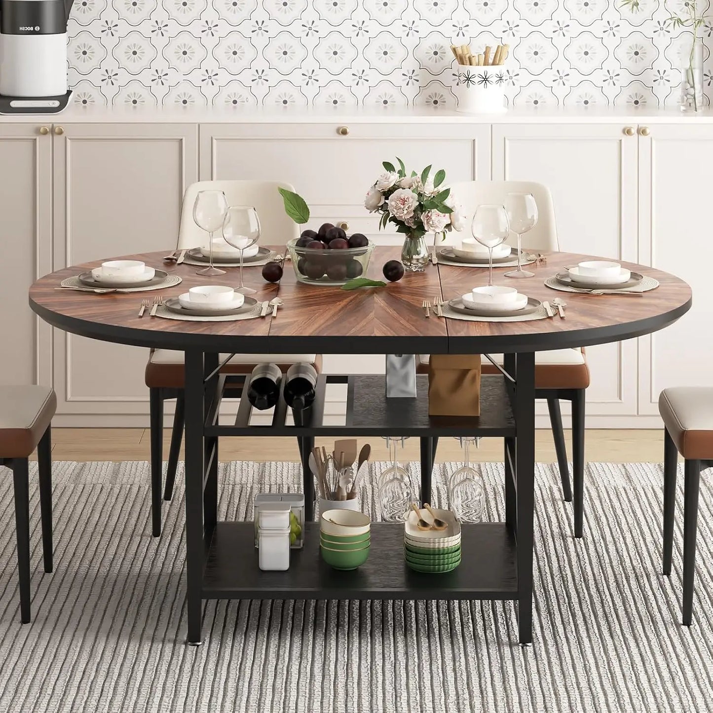 Extendable Round Dining Table with Wine Rack Storage Shelf