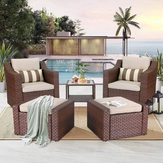 Patio Conversation Set with Ottoman Footrest, Table & Cushions