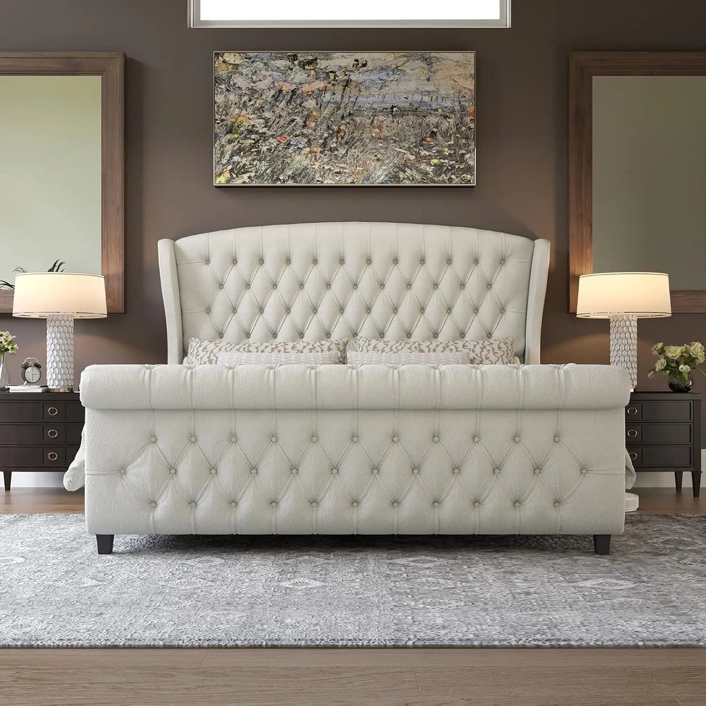 Upholstered Sleigh Bed with Scroll Wingback Headboard & Footboard/Button