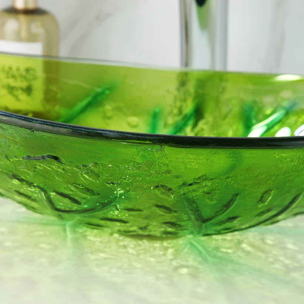 Art Bathroom Basin Faucet Sets Leaf style Tempered Glass Sink