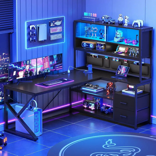 L Shaped Home Office Computer Desk with 2 Drawer and Bookshelf