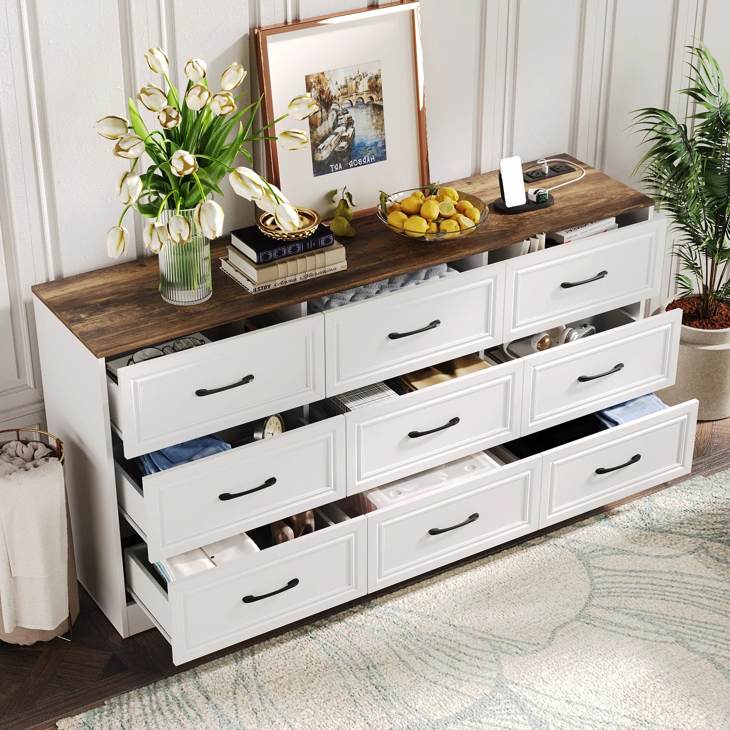 Dresser with Power Outlet&Metal Handles Wood Dresser for the Bedroom