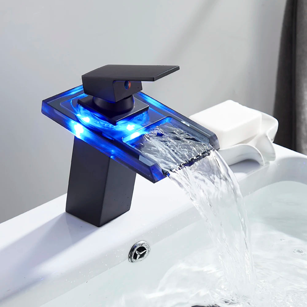 Luxury LED Color Changing Waterfall Basin Sink Faucet Single Handle Deck Mounted Hot and Cold Mixer Taps