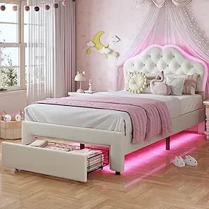 Twin Size Girl Bed with Storage Drawer & LED Lights