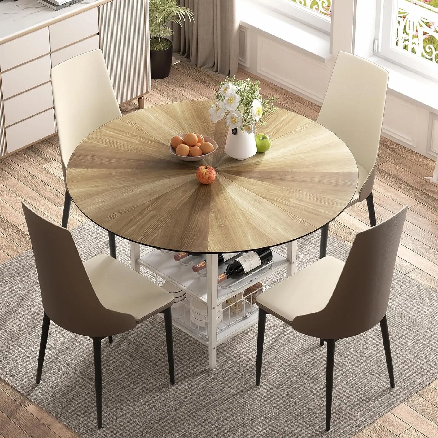 Extendable Round Dining Table with Wine Rack Storage Shelf