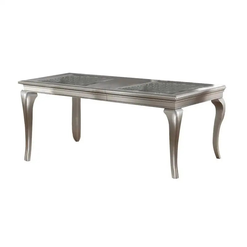 Rect. Glass Dining Table Set w/ Silver Hue & 6 Tufted Side Chairs