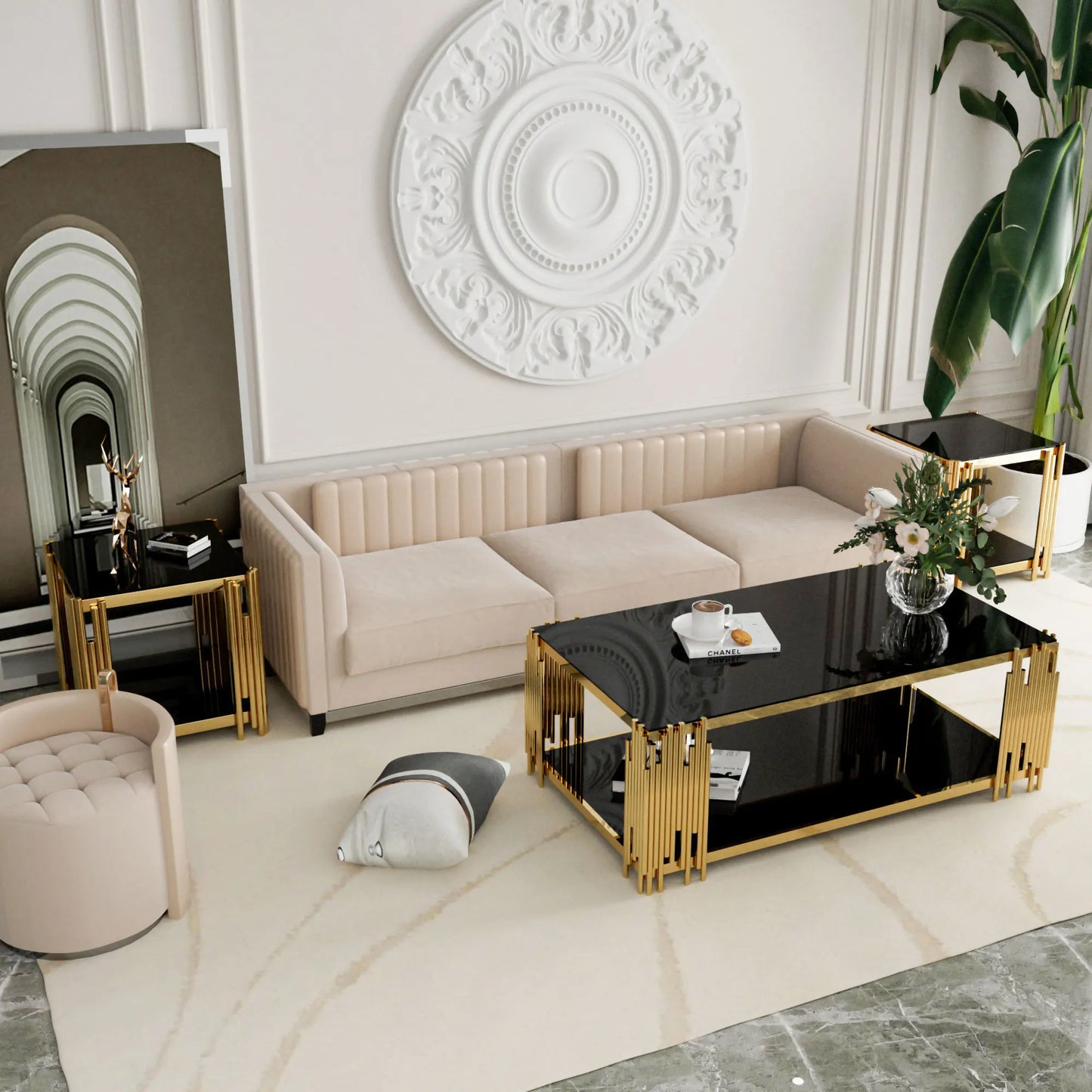 Modern Stainless Steel Rectangle Black Tempered Glass Coffee Table