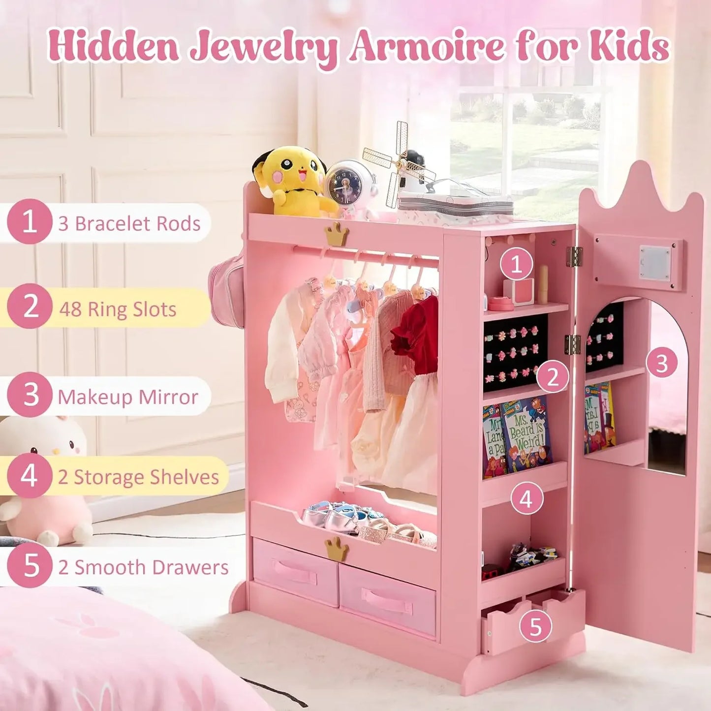 Princess Wardrobe Closet with Dual Mirrors, Hidden Jewelry Cabinet, Shelves & Hanging Rack