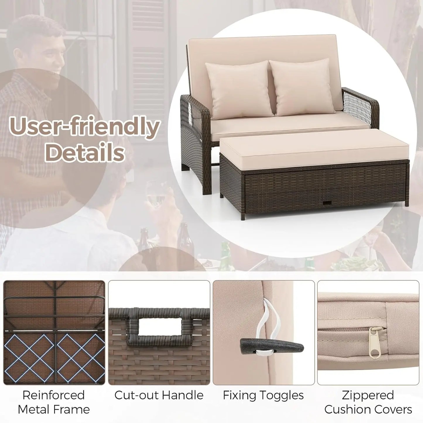 Rattan Daybed Loveseat with Adjustable Backrest & Ottoman and Zipped Cushion