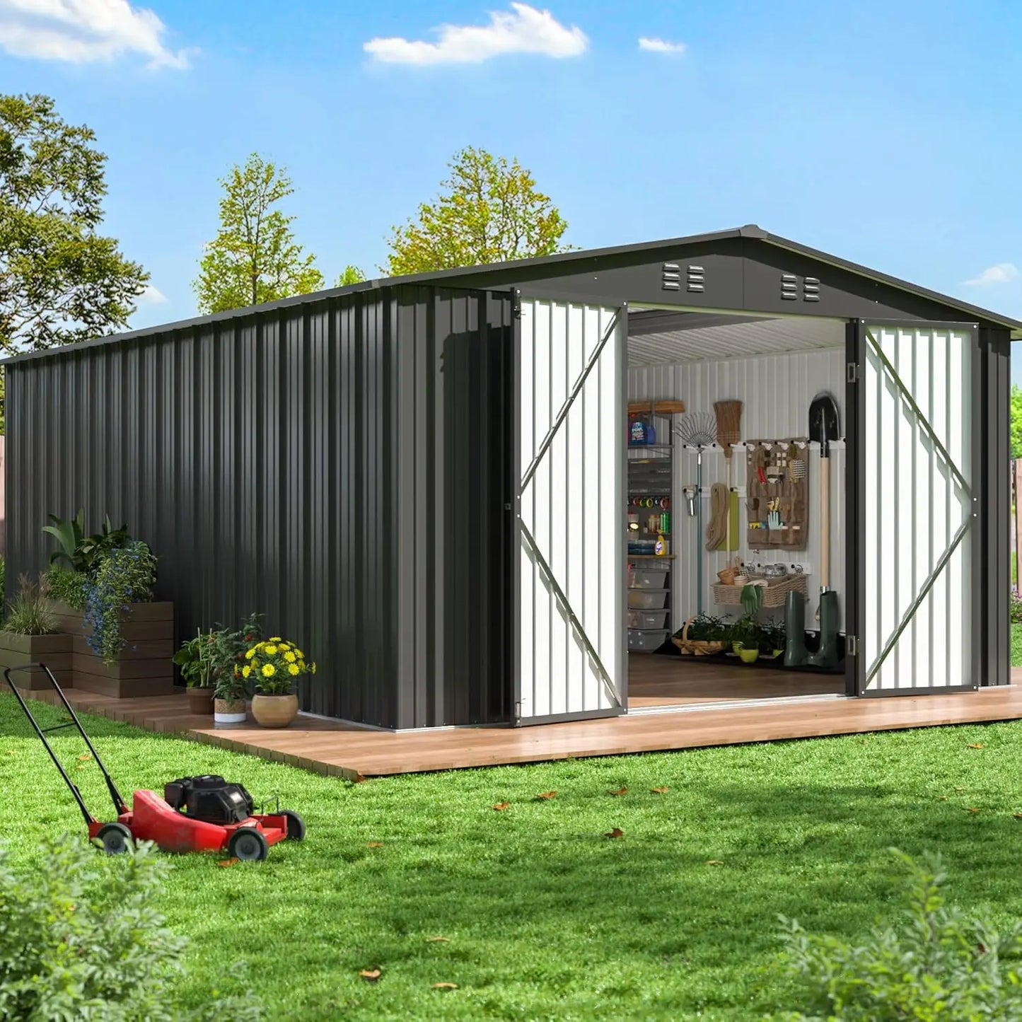 Metal Garden Tool Shed with Updated Frame Structure and Lockable Doors