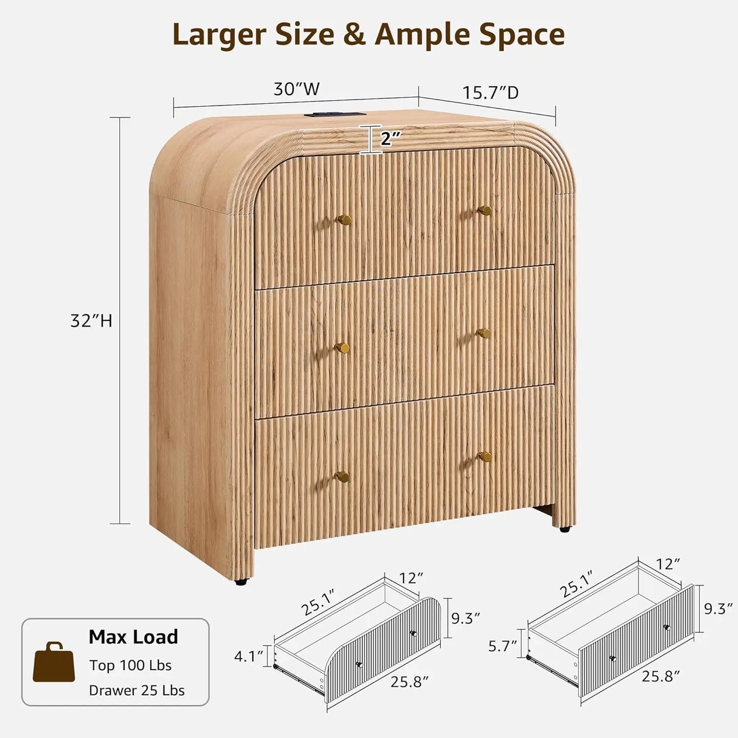 Fluted End Table Nightstand Charging Station