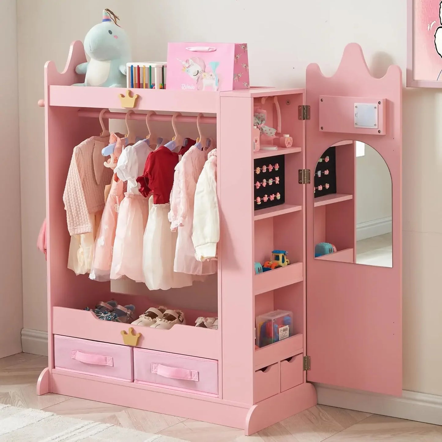 Princess Wardrobe Closet with Dual Mirrors, Hidden Jewelry Cabinet, Shelves & Hanging Rack
