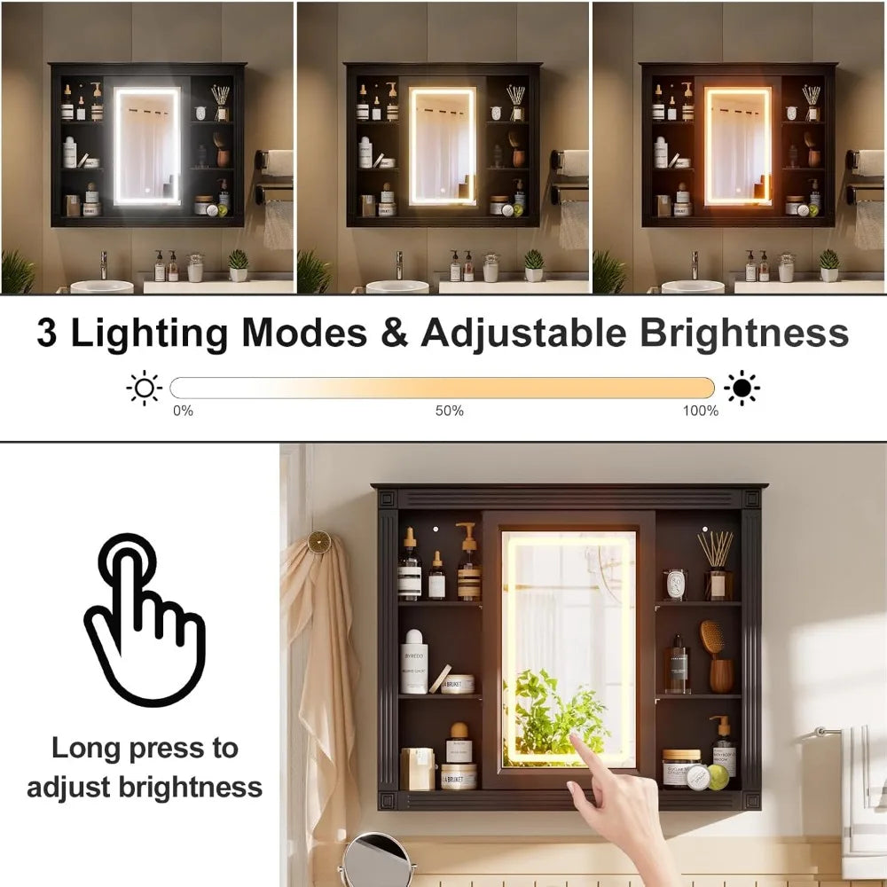 Wood Medicine Cabinet Over The Toilet Storage Organizer with Mirrored Doors