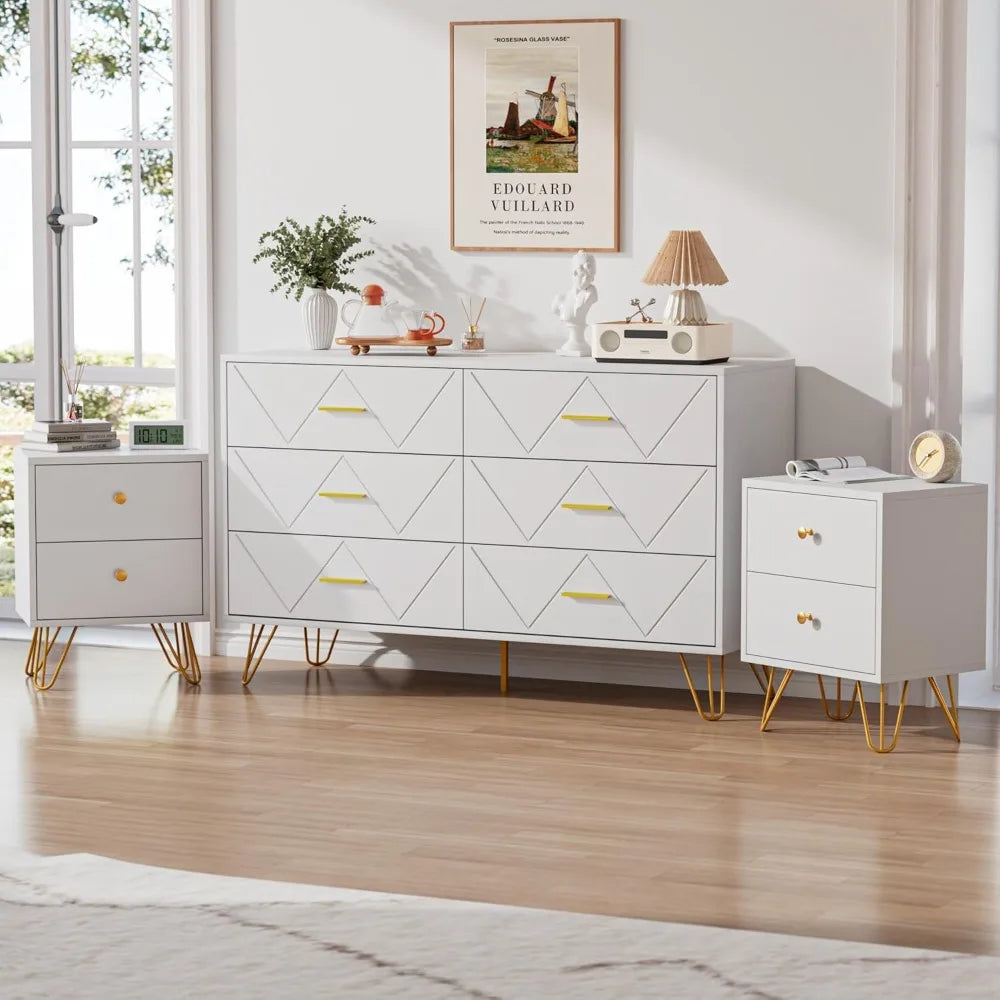 Bedroom Set-Two Drawers Nightstand Set and 6 Drawer