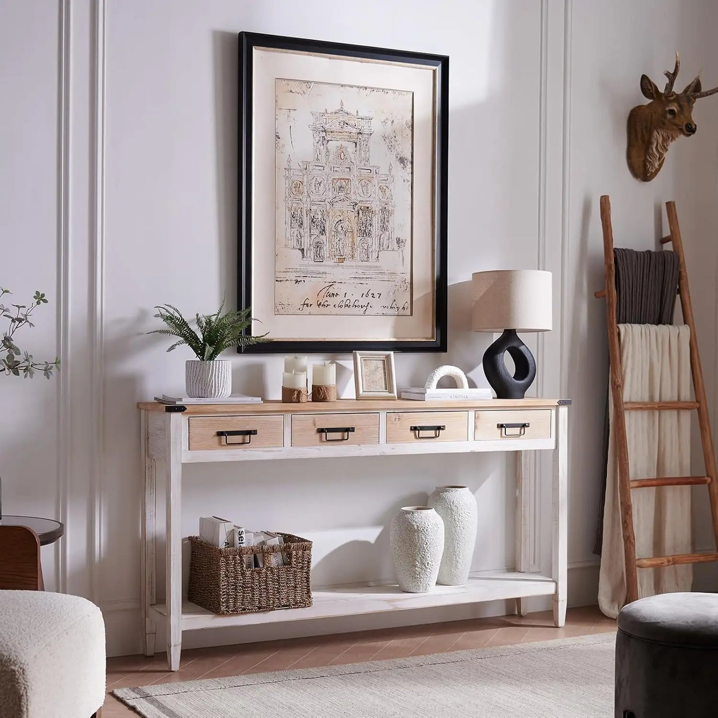 Rustic Entryway Table with Open Storage Shelves and Handmade Metal Handle