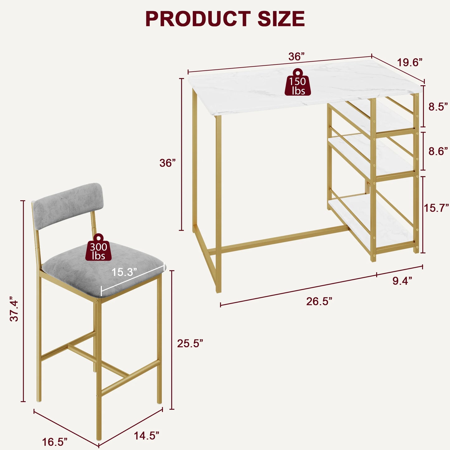 Dining Table and Chairs Set Space-Saving Bar Table with 2 PU Cushioned Stools