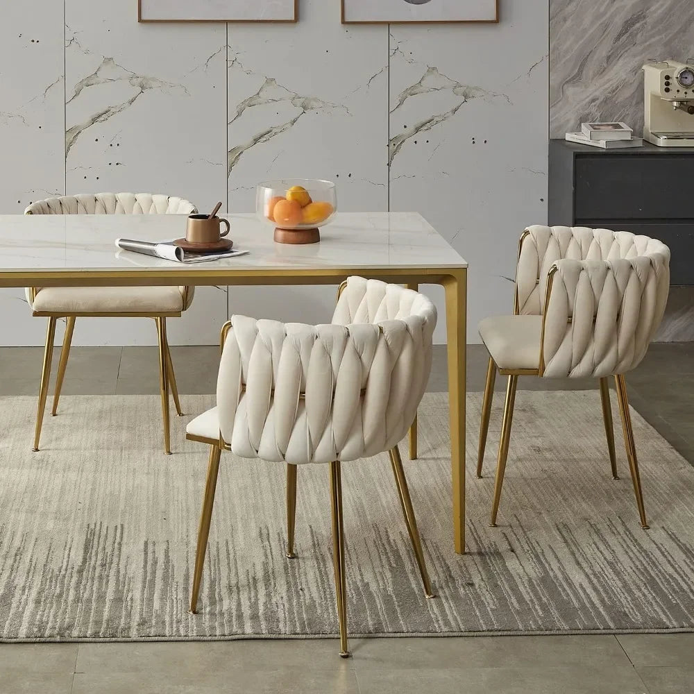 Dining Room Woven Velvet Upholstered Chairs with Golden Metal Legs