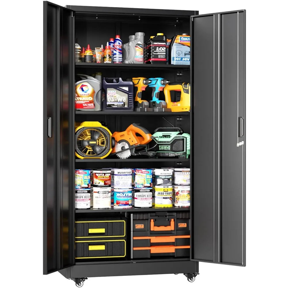 Lockable Rolling Metal Garage Cabinets with 2 Doors and 4 Adjustable Shelves and Wheels