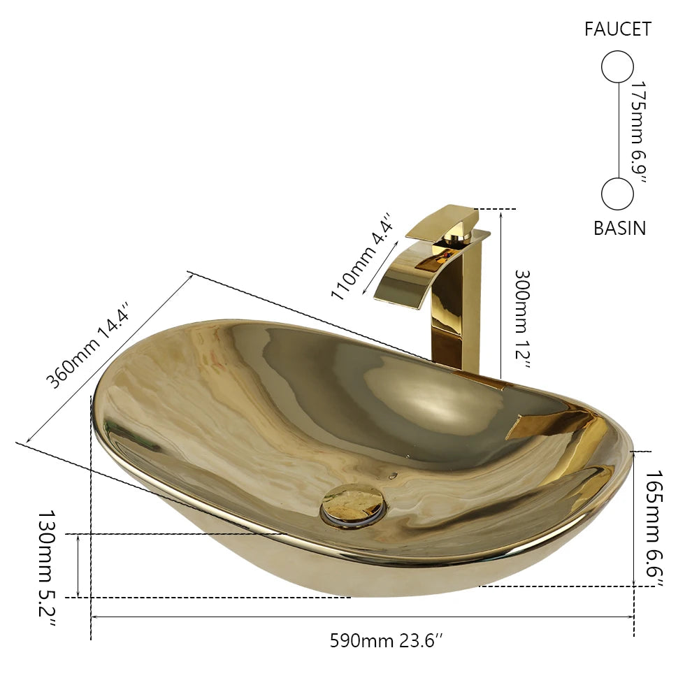 Gold Ceramic Luxury Bathroom Vessel Sink Set