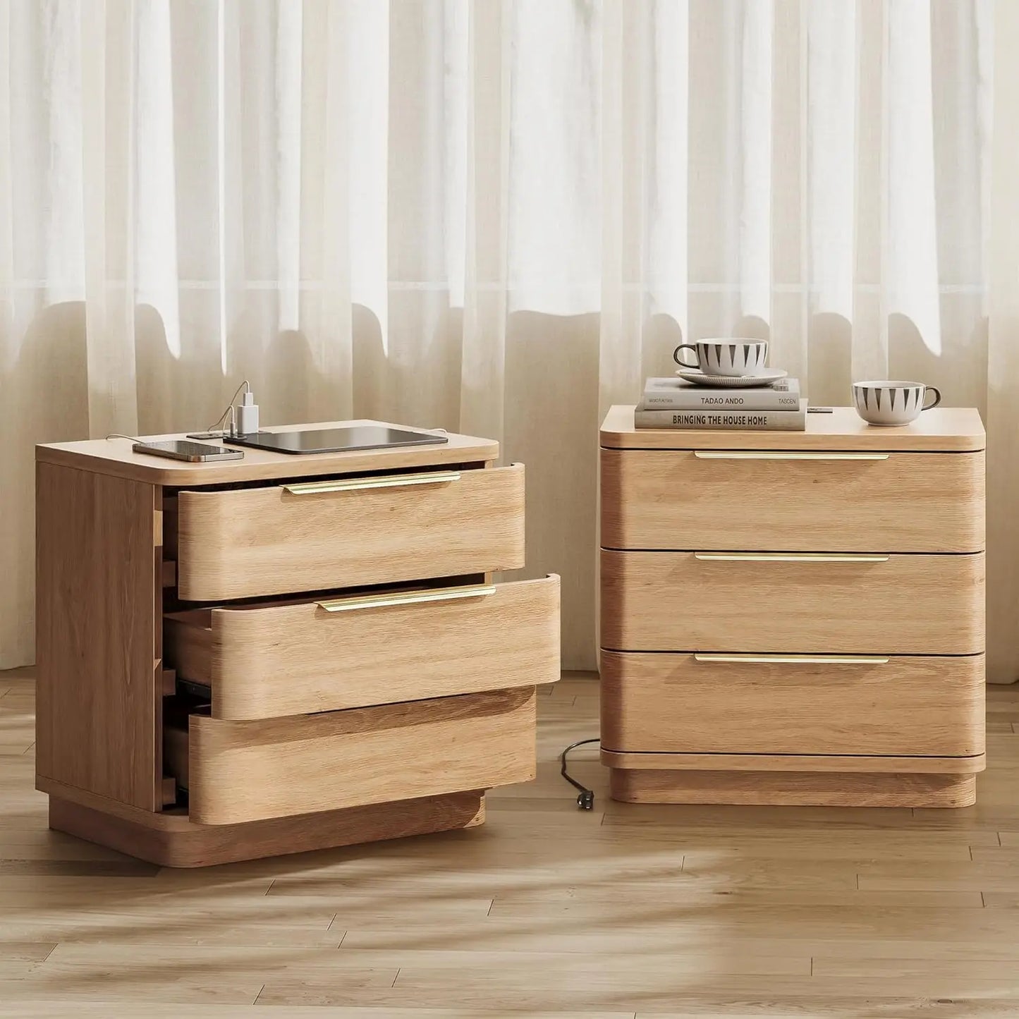 Natural Wood Nightstand with Drawers and Charging Station