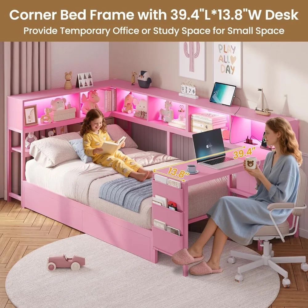 Corner Twin Bed Frame with Desk
