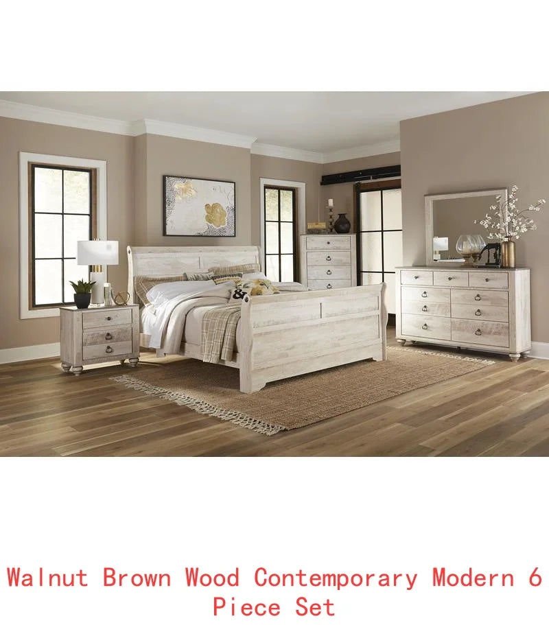 Contemporary White Wash Finish Sleigh Bedroom Set