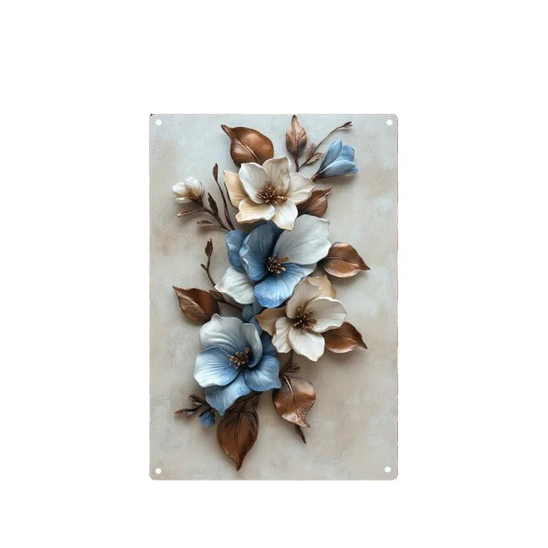 Metal Wall Elegant Art Blue and White Flower