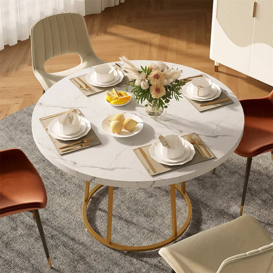 Wooden Round Marble Pattern Table with Gold Base