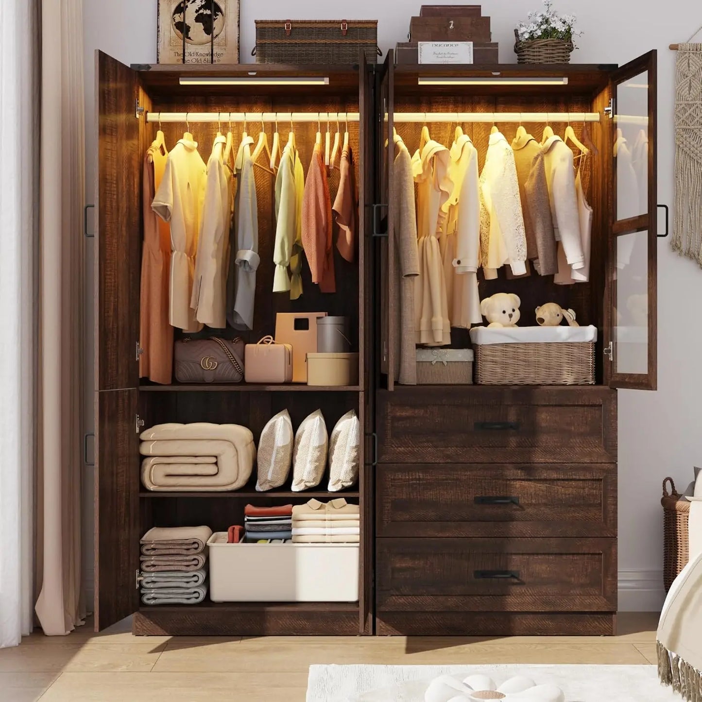 Farmhouse Armoire with LED Hanging Rod and Adjustable Shelf Storage Cabinet