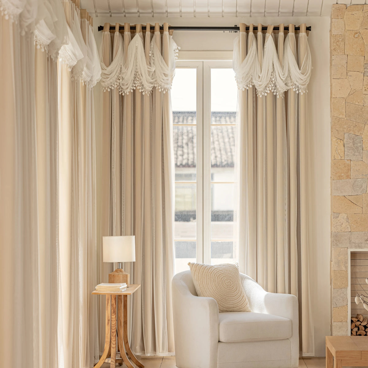 Elegant Wave Valance Blackout Curtains with Layered Sheer Drapes
