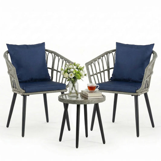 Wicker Patio Set with Soft Cushion and Glass Steel Frame Table