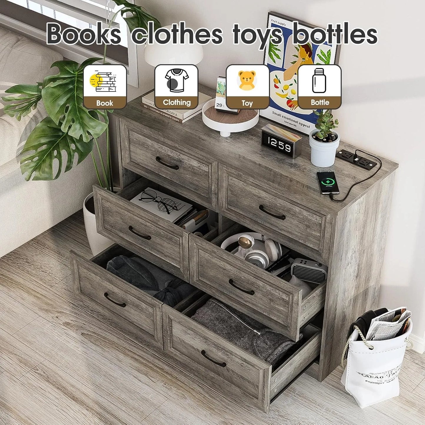 Bedroom Wide Dresser with Charging Station