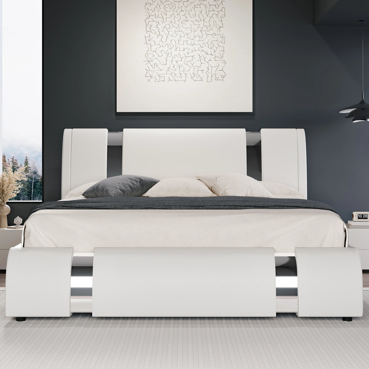 Modern Faux Leather Bed Frame with Iron Pieces Decor