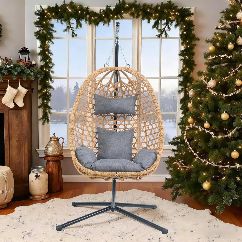 All-Weather Rattan Swing Egg Chair with Stand & Cushions