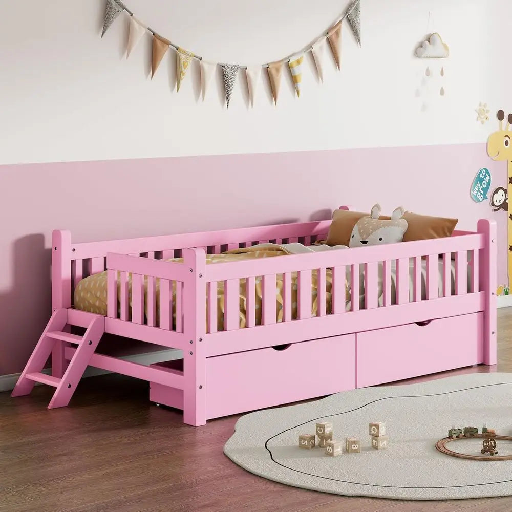 Low Platform Bed with Stairs and Ladder