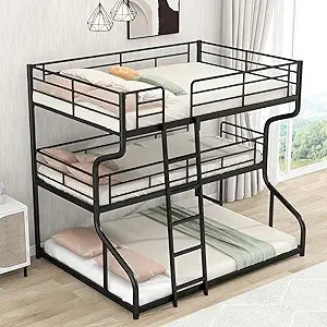 Full XL Over Twin XL Over Queen Metal Bunk Bed with Guardrails